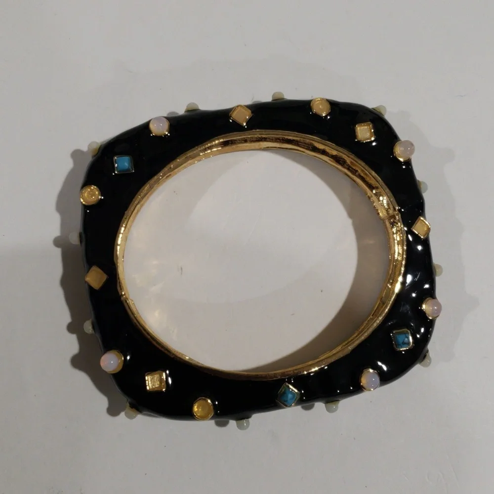 Gold tone Black Enamel Colorful Dainty Bangle Bracelet - Women's Fashion Jewelry